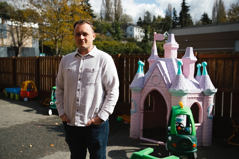 caption: Jordan Crawley, director of policy and operations at Alki Beach Academy, is portrayed on Friday, April 11, 2025, in West Seattle.