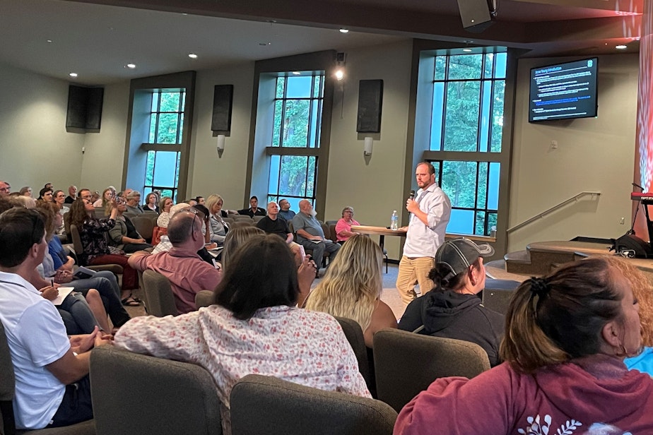 caption: GOP State Rep. Jesse Young speaking at a One Washington event at Island Church on Bainbridge Island, Sept. 8, 2021.