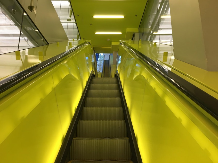 caption: An escalator inside the Seattle Public Library in downtown Seattle