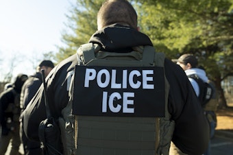 caption: U.S. Immigration and Customs Enforcement Baltimore Field Officer director Matt Elliston listens during a briefing, Monday, Jan. 27, 2025, in Silver Spring, Maryland.