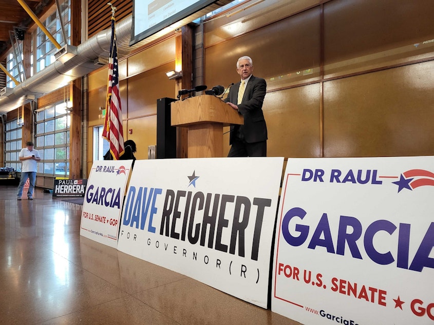 caption: Republican Dave Reichert will advance to the general election with Democrat Bob Ferguson.
"My message tonight is never give up," Reichert told supporters in Puyallup on Tuesday.