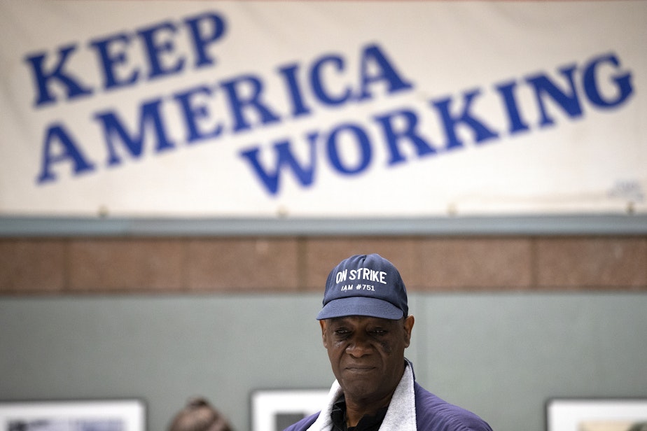caption: Joe Perry awaits the results after striking machinists voted on Boeing’s latest contract offer on Monday, November 4, 2024, at the IAM 751 Seattle Union Hall.
