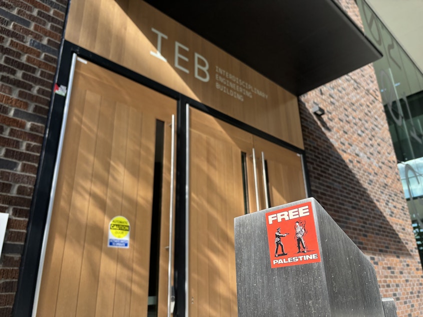 caption: The Interdisciplinary Engineering Building at the University of Washington in Seattle was the site of a pro-Palestine protest that vandalized the building and led to arrests and suspensions.