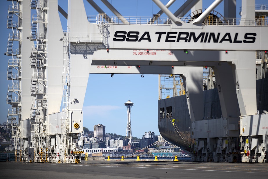 caption: The Space Needle is visible on Monday, May 5, 2025, from the Port of Seattle’s Terminal 5.