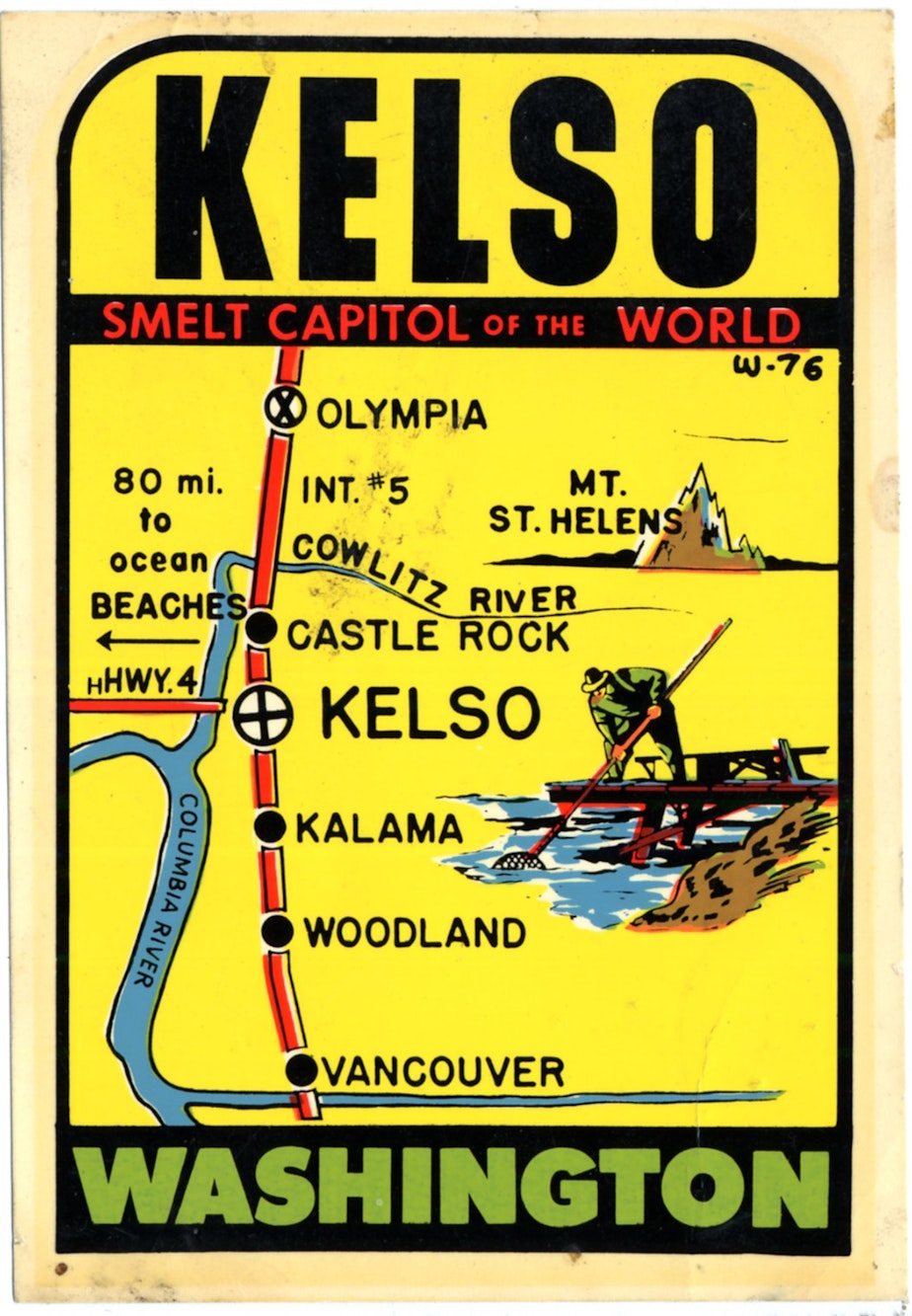 caption: The riverfront towns of Kelso and Longview, Washington, tried to capitalize on Cowlitz River smelt in the mid-20th century with various marketing efforts, including this sticker from the 1970s.
