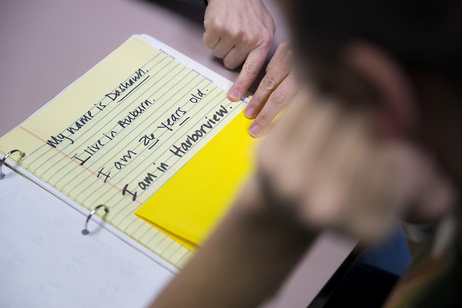 caption: DaShawn Horne reads a series of statements during speech therapy on Thursday, April 19, 2018, at Harborview Medical Center in Seattle.