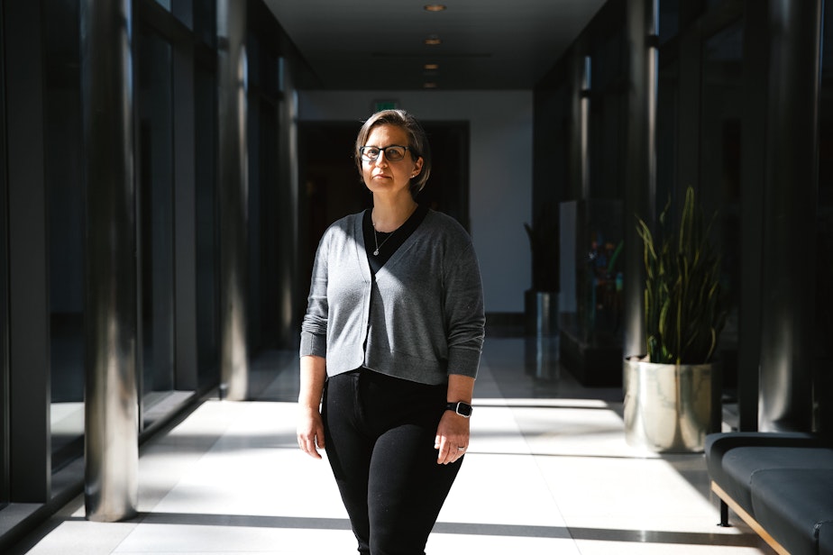 caption: Assistant Administrator of Critical Care at UW Medical Center, Amy Haverland, is portrayed on Thursday, April 3, 2025, in Seattle.