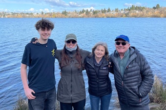 caption: From left to right: Porter Good, Kersti Muul, Sandy Shettler and Rob Zisette are organizing cleanups at Seattle's Green Lake to retrieve abandoned fishing lines.