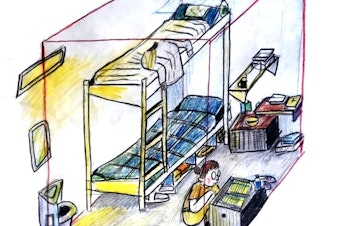 caption: Rebecca Burke's drawing of her ICE detention cell in Tacoma.