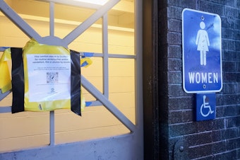 caption: A closed bathroom at West Seattle's Lincoln Park on Tuesday, Feb. 11, 2025. 