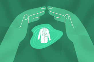 caption: Illustration of hands surrounding a doctor's coat. Components courtesy of Istock.