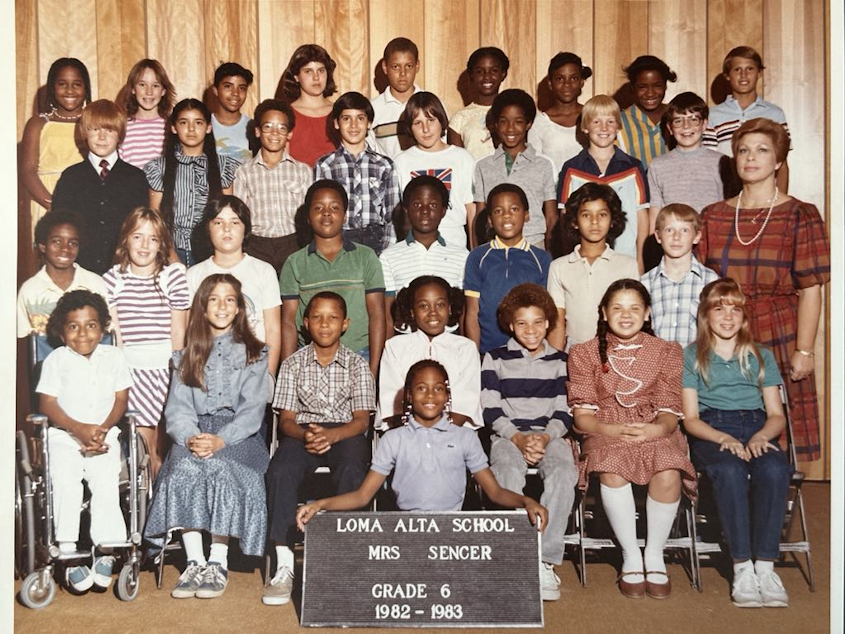 caption: Norah Switzer Small (front row on far right) with her 6th grade class at Loma Alta School.