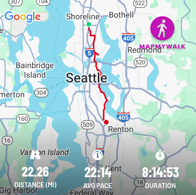 caption: A graphic of KUOW reporter Casey Martin's solo saunter through Seattle on Wednesday, April 9, 2025. Duration time does not include breaks for coffee, lunch, and field interviews.