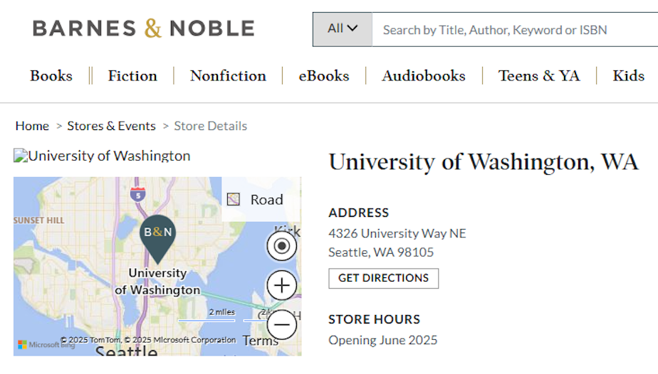 caption: A web page shows a Barnes & Noble location slated for June at 4326 University Way NE. That’s University Book Store’s current address.