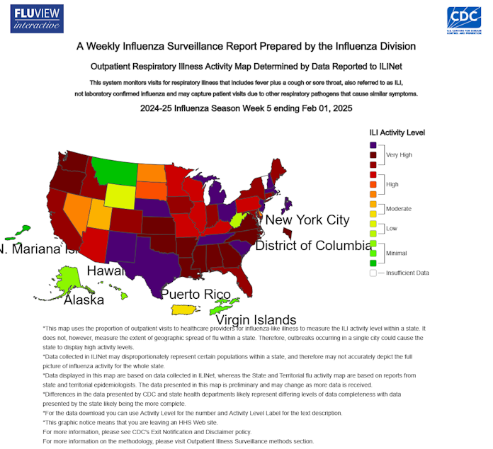 caption: Levels of the flu in the United States for the the fifth week of the 2024-25 flu season (ending Feb. 1). Levels of the flu nationally have reached a 15-year high.