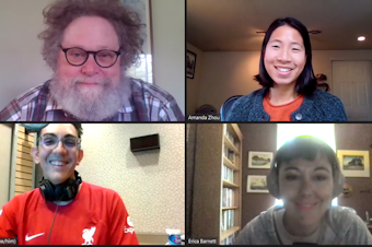 caption: Guest Host Zaki Hamid discusses the weeks news with Crosscut’s Knute Berger, Publicola’s Erica Barnett, and Seattle Times Amanda Zhou.