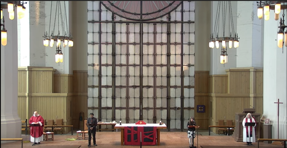 caption: Palm Sunday at Saint Marks Cathedral in Seattle where church members spread out from each other to maintain social distancing. April 05, 2020.