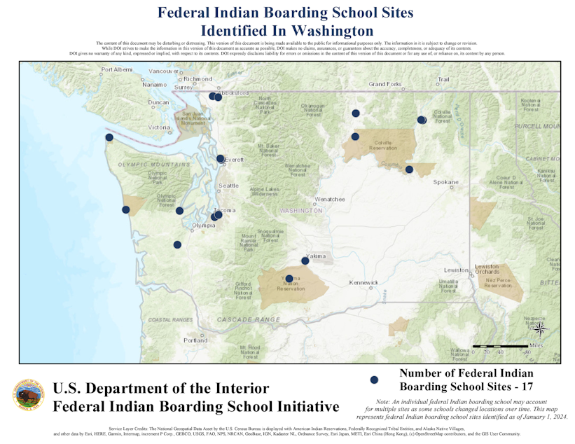 caption: A map from the Federal Indian Boarding School Initiative Investigative Report Vol. II shows locations of federal Indian boarding schools sites in Washington state.