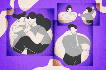 caption: Illustration of people against purple background. Assets courtesy of Istock.