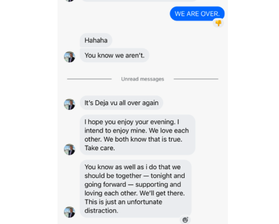 caption: Screenshots taken from a May 2025 court filing by Lee Keller, of texts allegedly sent by John Arthur Wilson to her after she broke up with him this year.