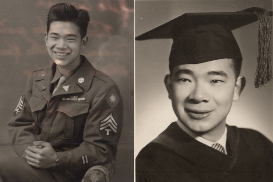 caption: Wing Luke in military uniform during the WWII era (left). Luke's college graduation portrait (right).