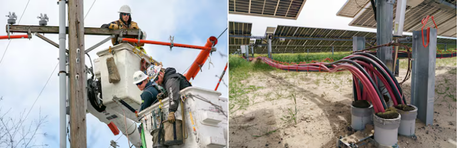 caption: First image: Contractors repair a transformer box in Portland, Ore. Second image: Solar panels on the Wheatridge farm, the only project Bonneville approved out of the hundreds that applied for a grid connection in the past decade.