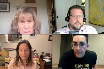 caption: Guest host Zaki Hamid discusses the week’s news with Seattle Met’s Allison Williams, Seattle Times’ Jonathan Martin, and political analyst and contributing columnist Joni Balter.