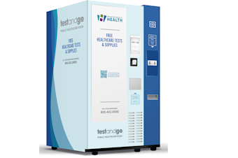 caption: A prototype for a kiosk that dispenses Covid and flu tests, which will be available in Washington state. Two appear to already be available in Spanaway.