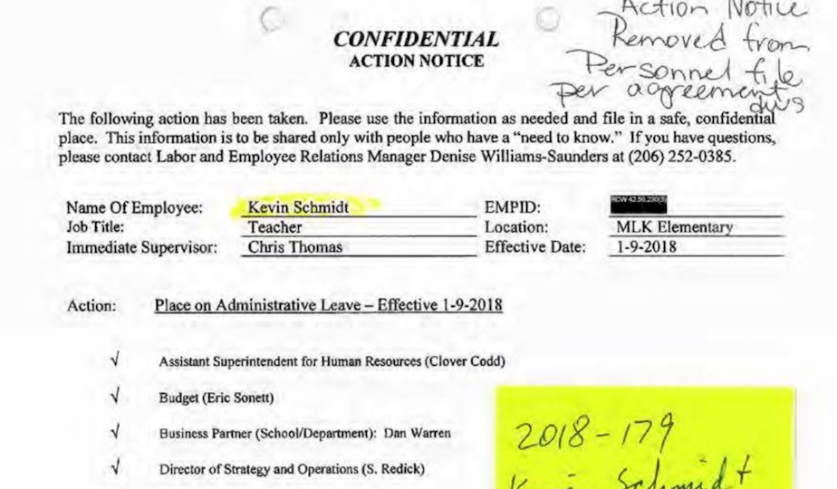 caption: An action notice for teacher Kevin Schmidt who resigned from Seattle Public Schools in lieu of termination — in exchange for the removal of information from his personnel file.