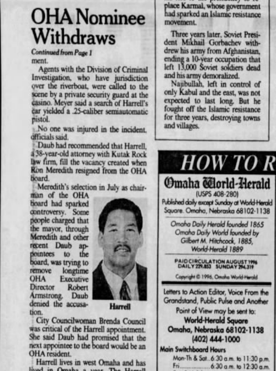 caption: A 1996 article published by the Omaha World-Herald detailing Seattle Mayor Bruce Harrell's withdrawal of his nomination for an appointment to the board of the Omaha Housing Authority at the time.