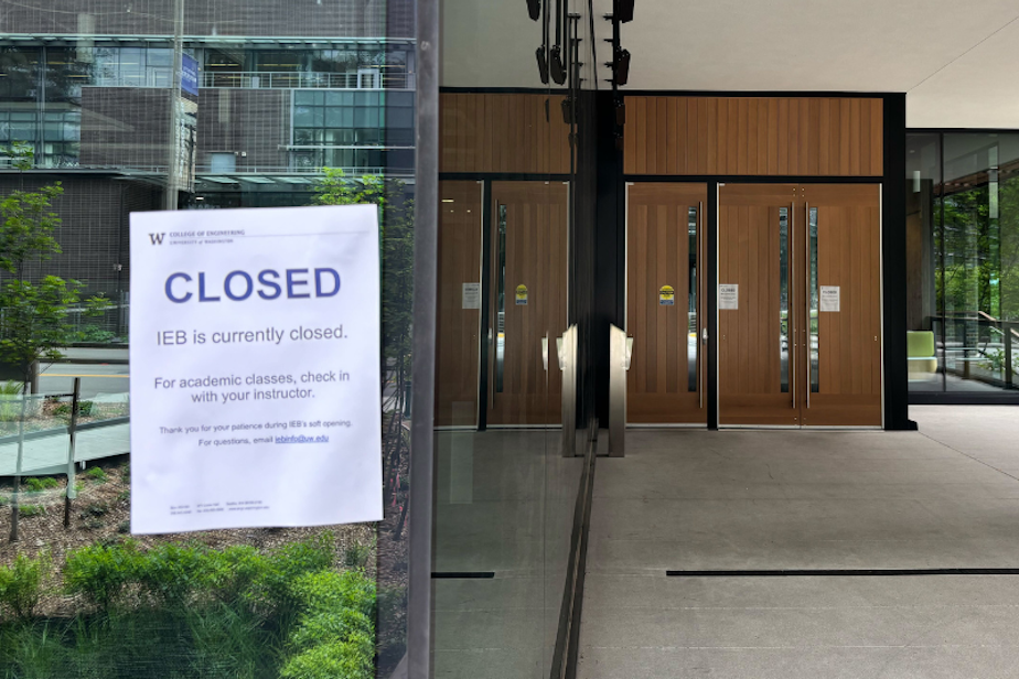 caption: The Interdisciplinary Engineering Building at the University of Washington was closed following a pro-Palestine protest that vandalized and occupied the building over the evening of Monday, May 6, 2025. Dozens of protesters were arrested.