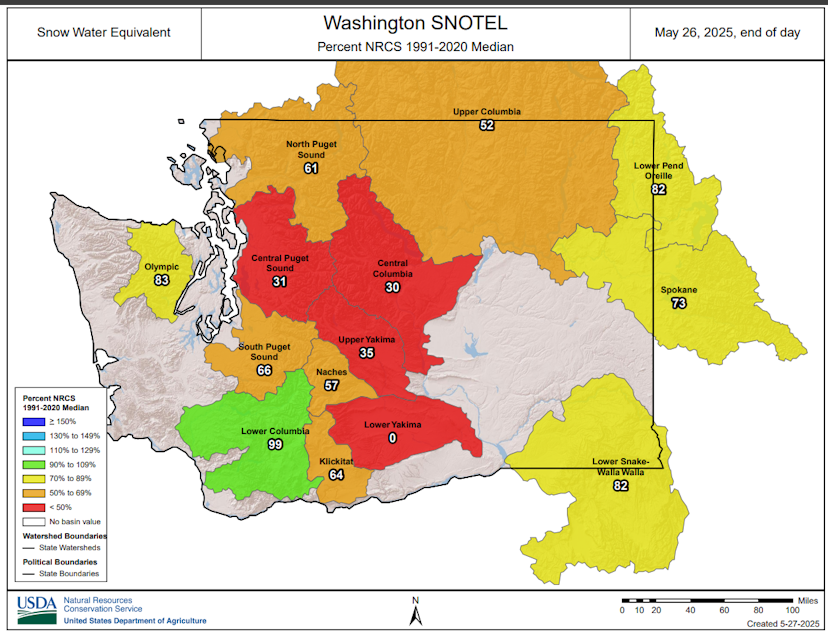 caption: Snowpack levels are far above normal in much of Washington as of May 27, 2025.